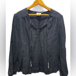 Hot Cotton 100% Linen Black Blouse Long Sleeve Shirt Size Medium USA